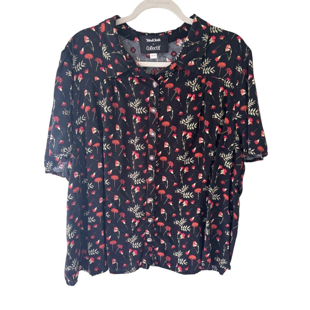 ModCloth X Collectif Black Floral Button-Up Blouse Size 2X Womens